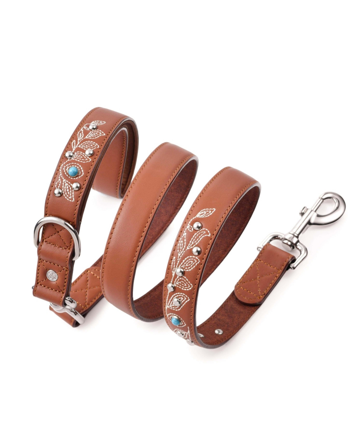 Blueberry Pet Western Style Full Grain Genuine Leather Dog Leash with Embroidery and Pearl or Turquoise Studs