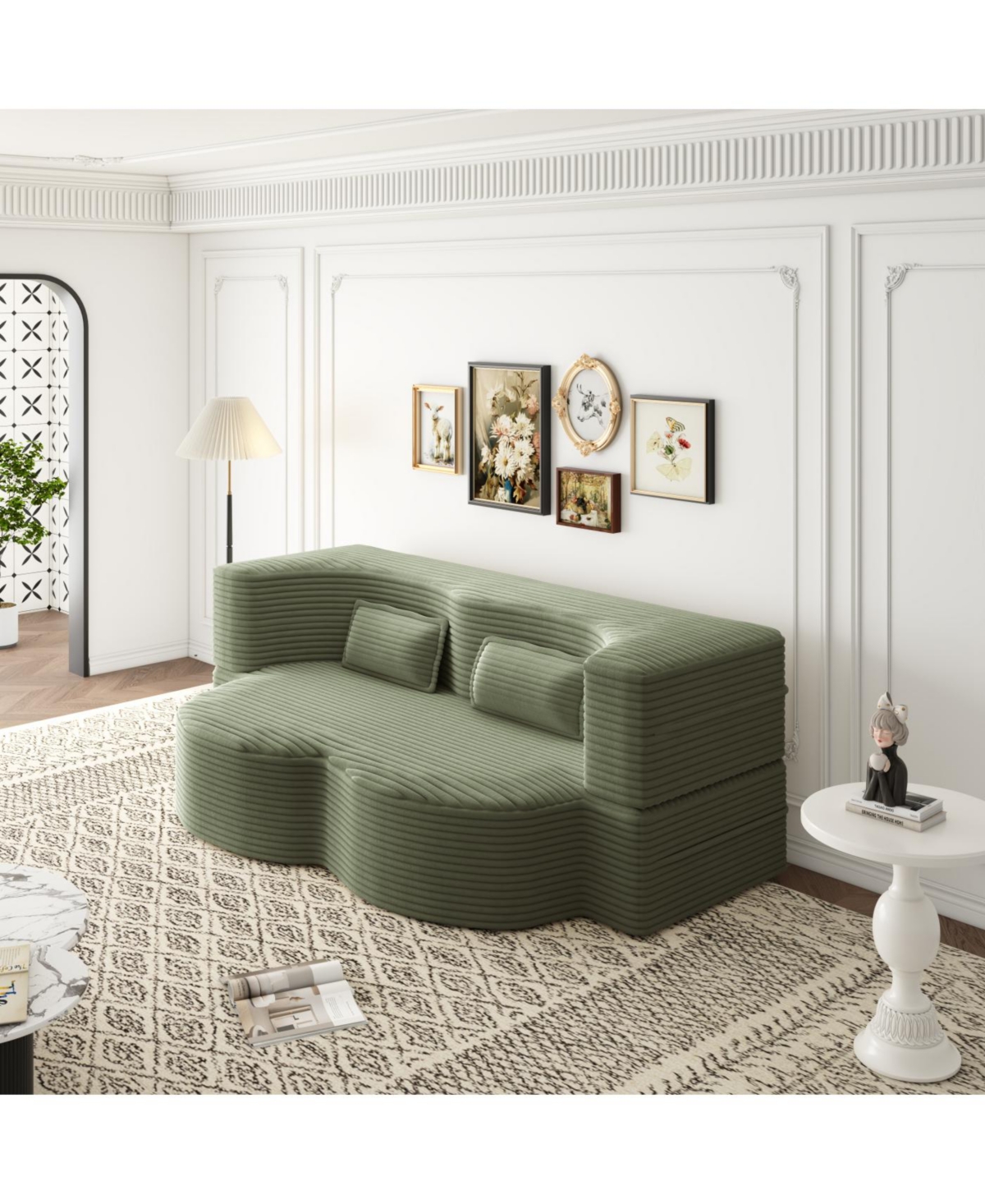 Streamdale Furniture Streamdale Modern Floor Sofa with 2 Pillows, Convertible Plush Corduroy Sleeper Sofa Bed
