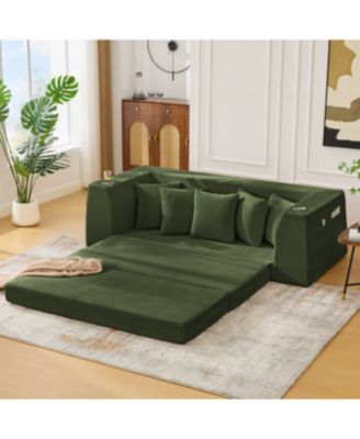 Corduroy Convertible Sofa Bed Loveseat Sleeper with 5 Pillows, Green