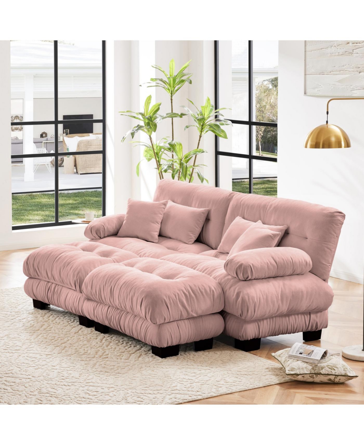 Streamdale Furniture Streamdale Cloud Couch Sleeper Sofa, Chenille 2 Seater Sofa with 2 Ottomans, Pink