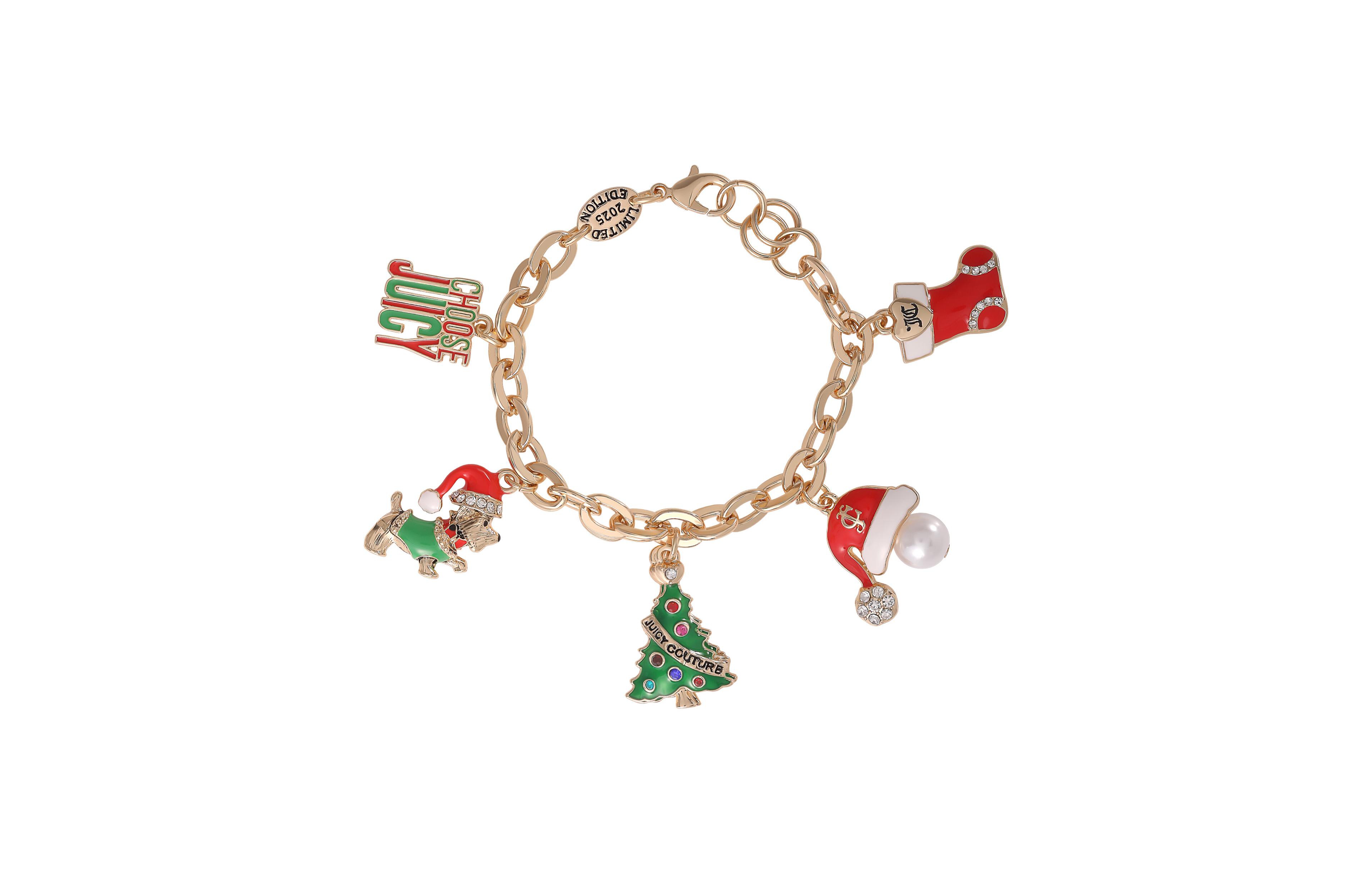 Juicy Couture Holiday Charm Bracelet, Gold Tone Enamel Christmas Motifs