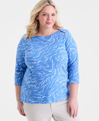 Plus Size Printed Cotton 3/4-Sleeve Top