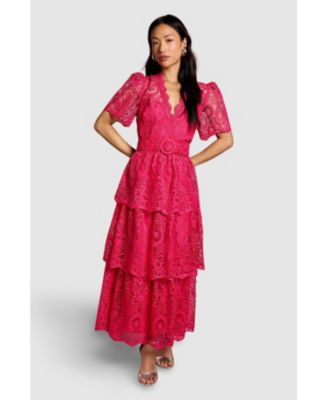 Women's Short Sleeve Tiered Lace Midi Dress