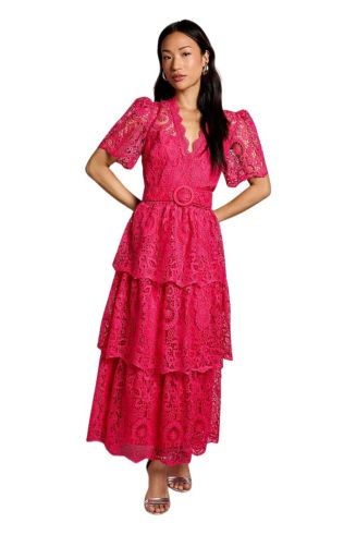 Coast Women's Short Sleeve Tiered Lace Midi Dress - Raspberry