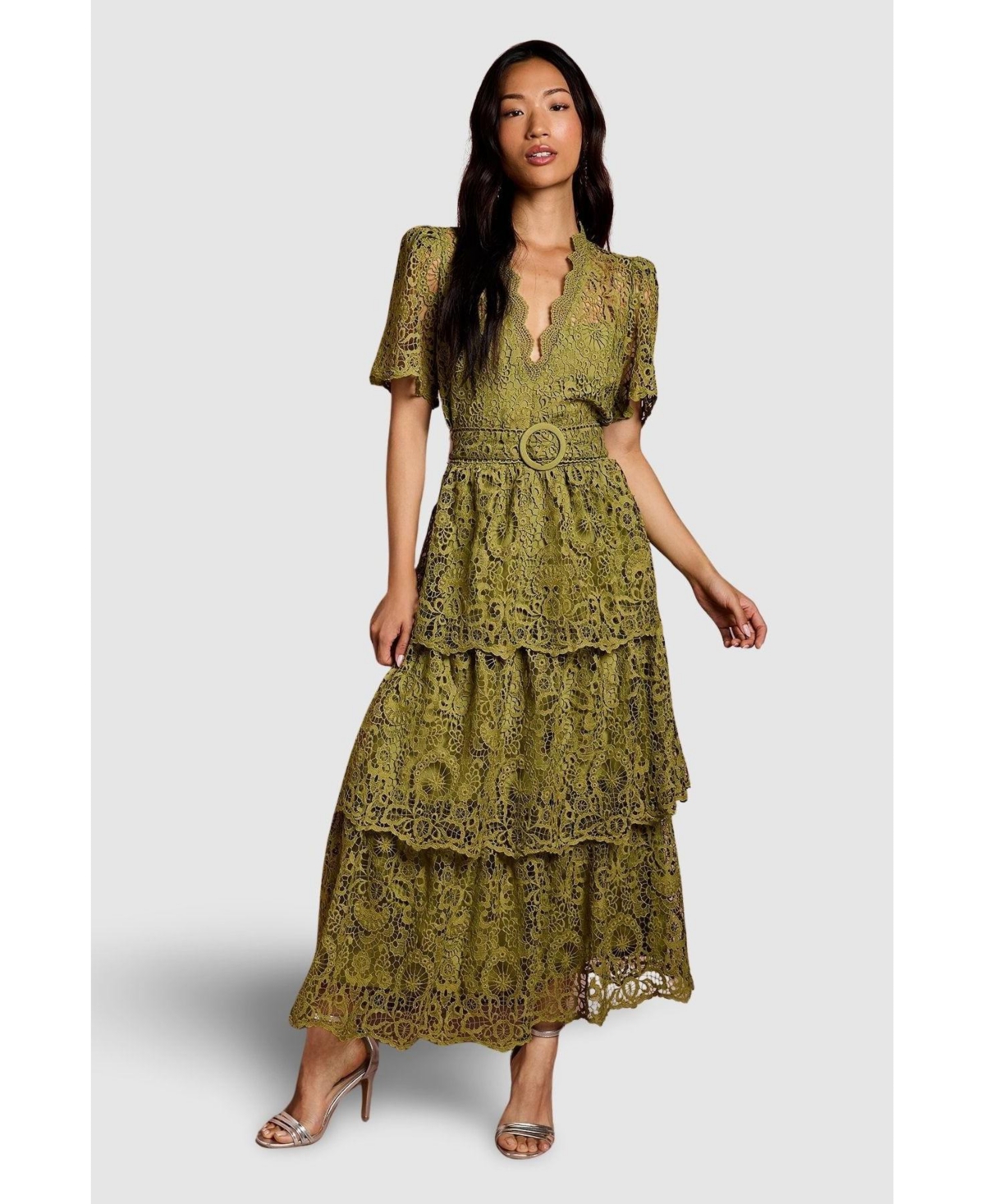 Coast Women's Short Sleeve Tiered Lace Midi Dress