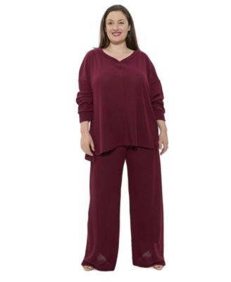 Plus Size V-Neck Long-Sleeve Soft Waffle Knit Top and Pant Set