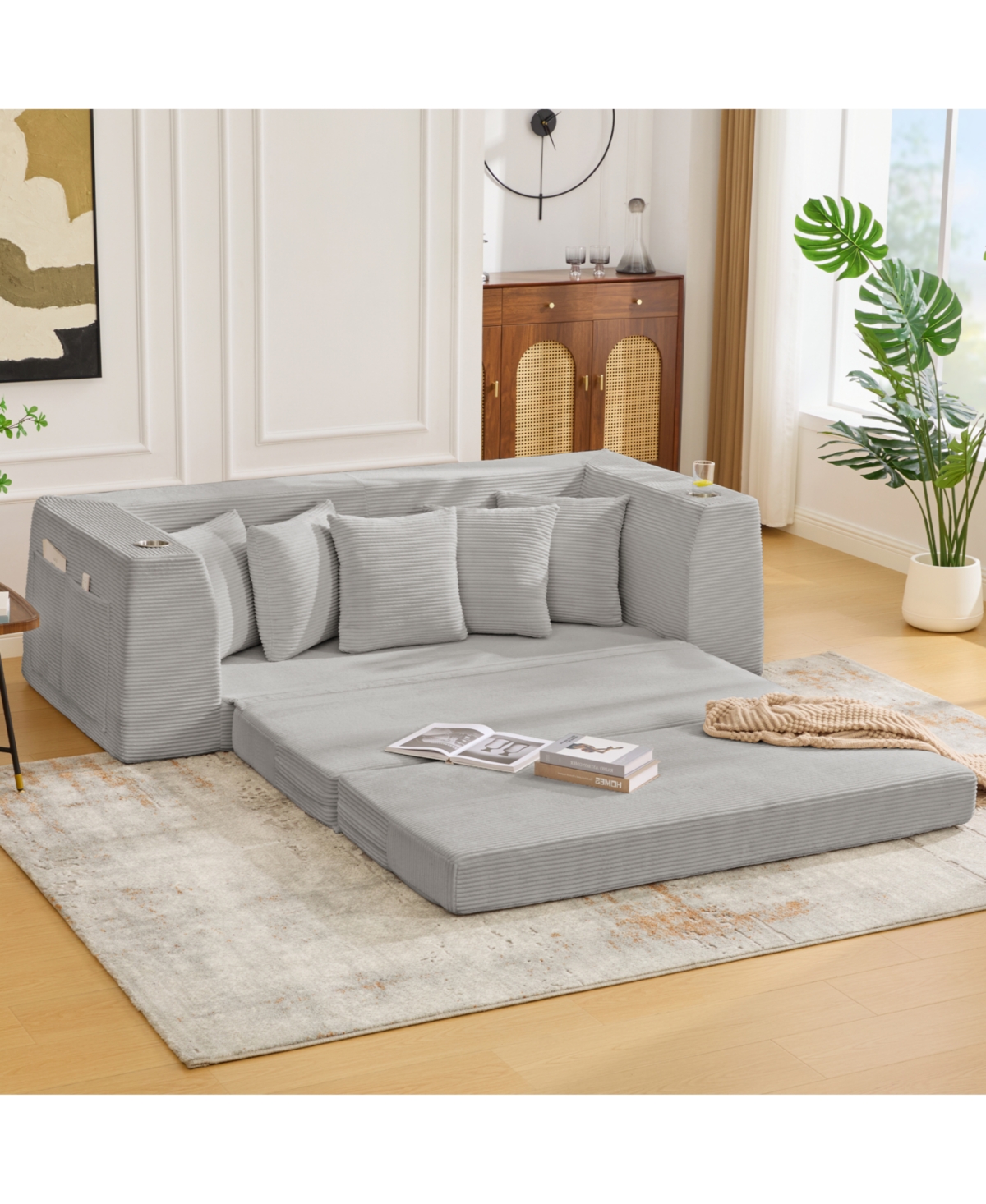 Streamdale Furniture Corduroy Convertible Sofa Bed Loveseat with 5 Pillows, Side Pocket, No Assembly