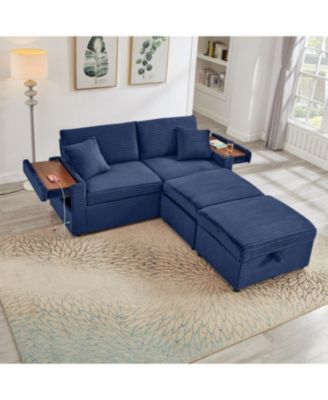 Streamdale Comfortable Fluffy Corduroy Lazy Sofa with Storage, Double Ottomans & Table Board