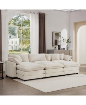  Oversized Modular Cushioned Sofa with 3 Ottomans, Sleeper Sofa Bed, 6-Piece Set, Light Beige Corduroy