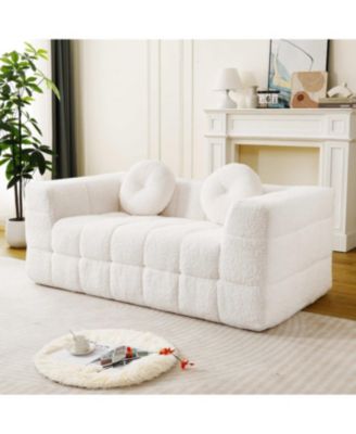  Modern Boneless Couch with Two Circular Throw Pillows, Two-Seater Sofa