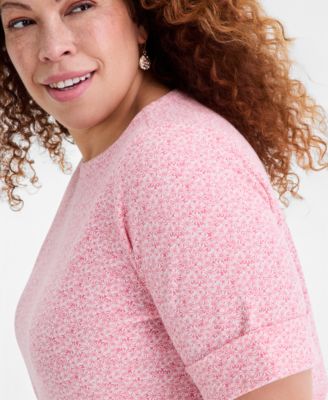 Plus Size Boat-Neck Elbow Sleeve Cotton Top