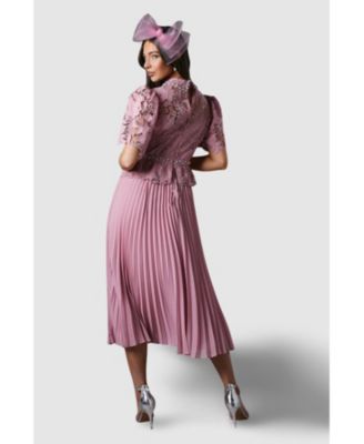 Women's Lace Top Pleat Skirt Jewel Button Dress.