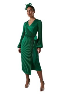 green pleated wrap dress Sash Adorned Pleated Wrap Sleeveless Dress in Green