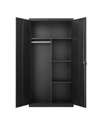 Streamdale Black Metal Large Wardrobe with Hanging Rod & Compartments, Lockable Closet