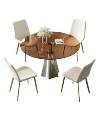 Streamdale 35" Round Dining Table Set w/ 4 White Chairs & Black Glass Top