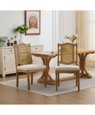 Solid Wood Rattan Back Dining Chair - Natural Linen Cushion