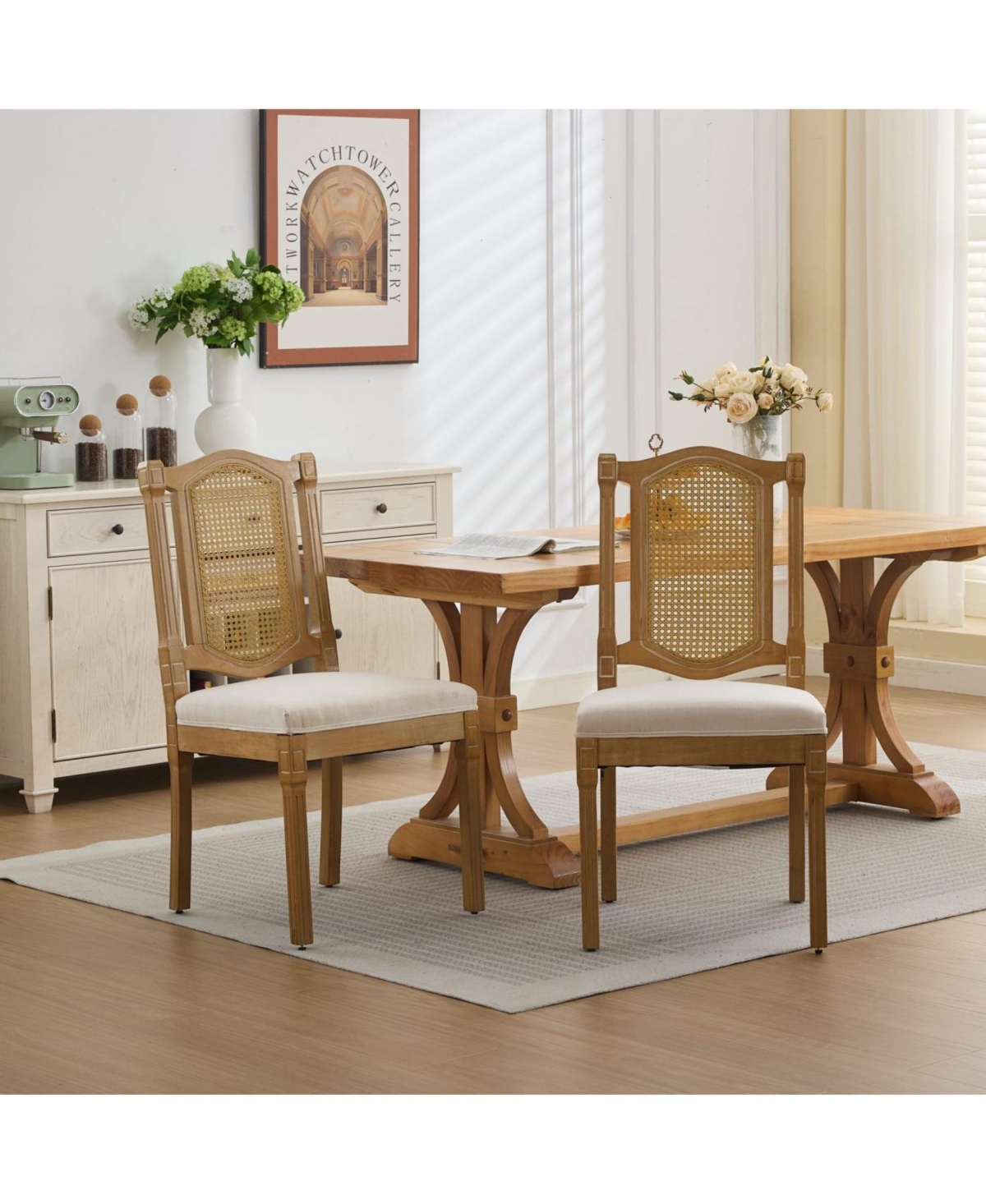 Streamdale Furniture Solid Wood Rattan Back Dining Chair - Natural Linen Cushion