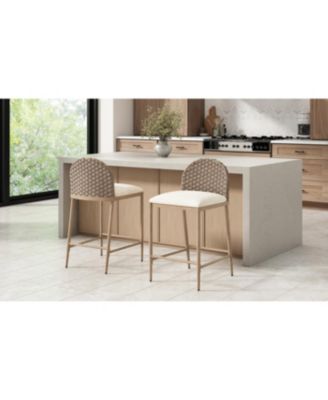 Farmhouse Barstools Set of 2, Upholstered Counter Stools with Rattan Backrest, Brown+Beige