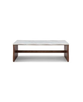 Whisper of Waves Modern Coffee Table, White Faux Marble, Walnut Brown