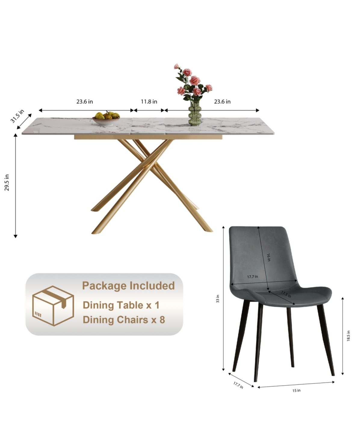 Streamdale 59" Modern Expandable Dining Table w/Retractable Leaf, Charred Stone & Gold Base