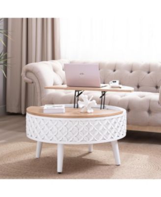 Streamdale Round Coffee Table with Storage Lift-Top Accent Table, White Carved Base
