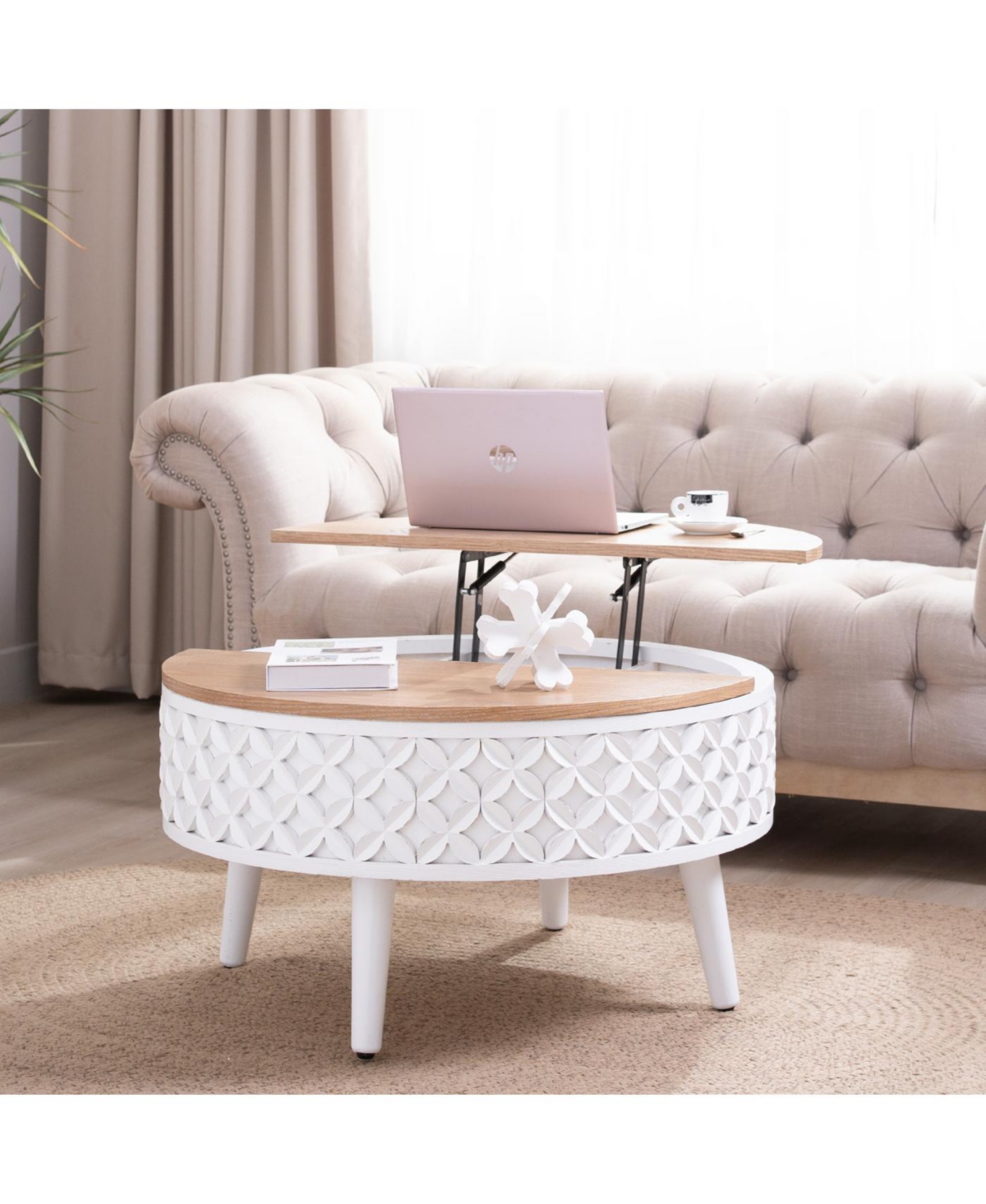 Streamdale Round Coffee Table with Storage Lift-Top Accent Table, White Carved Base