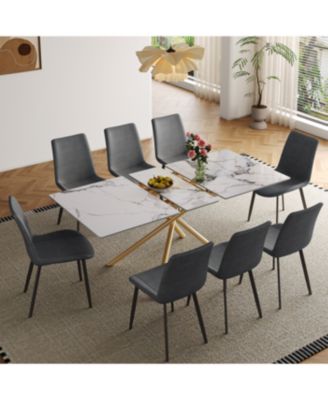 59" Modern Expandable Dining Table w/Retractable Leaf, Charred Stone and Gold Base