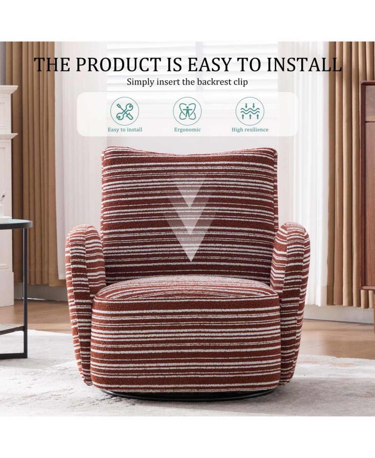 Streamdale Modern Style Swivel Leisure Chair with Striped Armrest