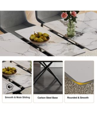 Modern Expandable Dining Table w/Retractable Leaf, Charred Stone & Black Base