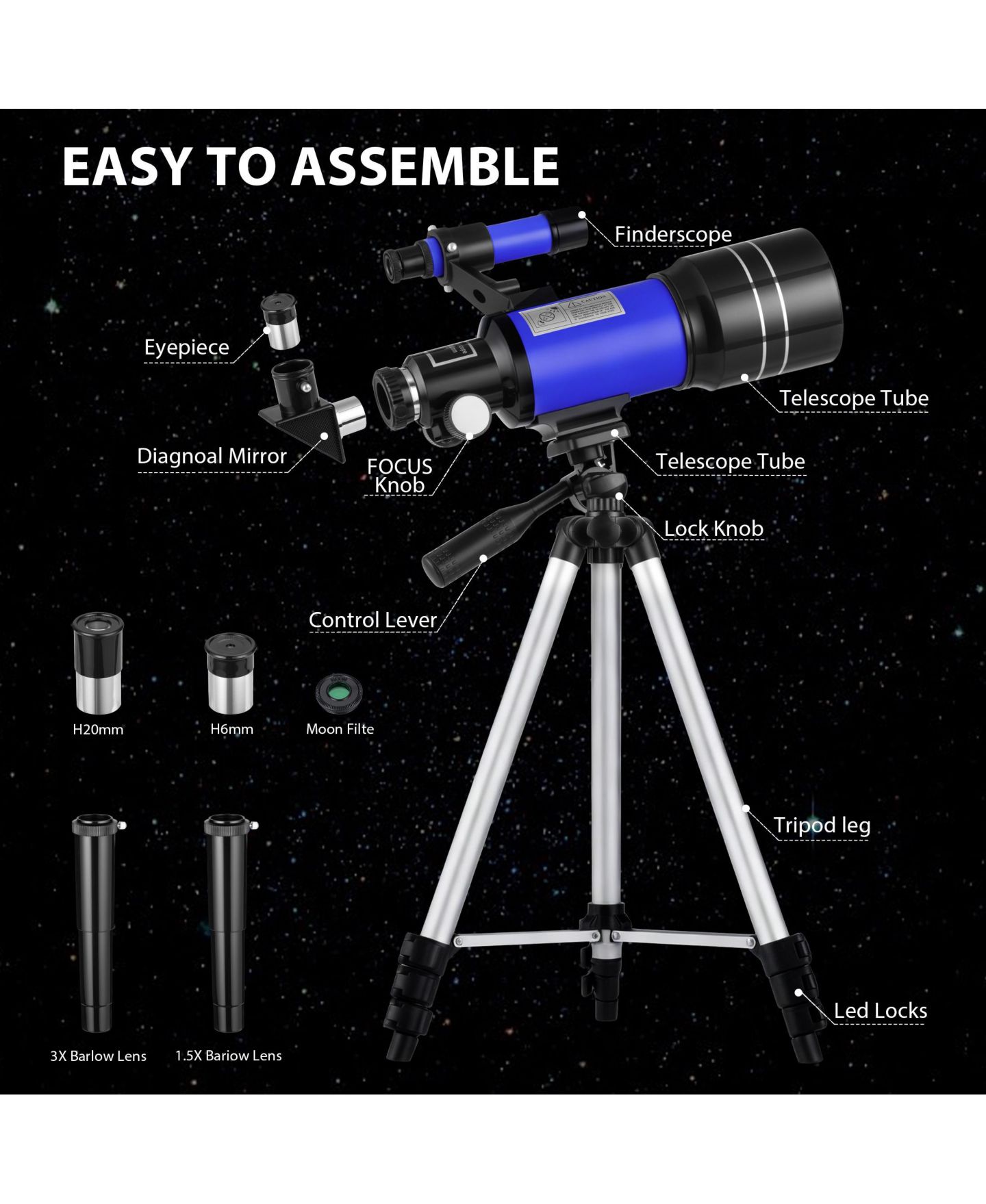 Детские игрушки SUGIFT 70mm Aperture 300mm Refractor Telescope 15X–150X Magnification, 10-Piece Telescope Kit, Ages 8+ — фото 3