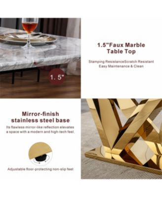 Dining Table for 6, 70" Rectangle Faux Marble w/ Mirrored Stainless Steel Base (Gold, Gray)