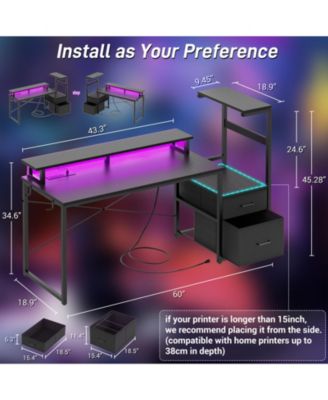 Gaming Desk with Outlets and LED Light, 59'' Reversible Computer Desk with File Drawers & Monitor Stand