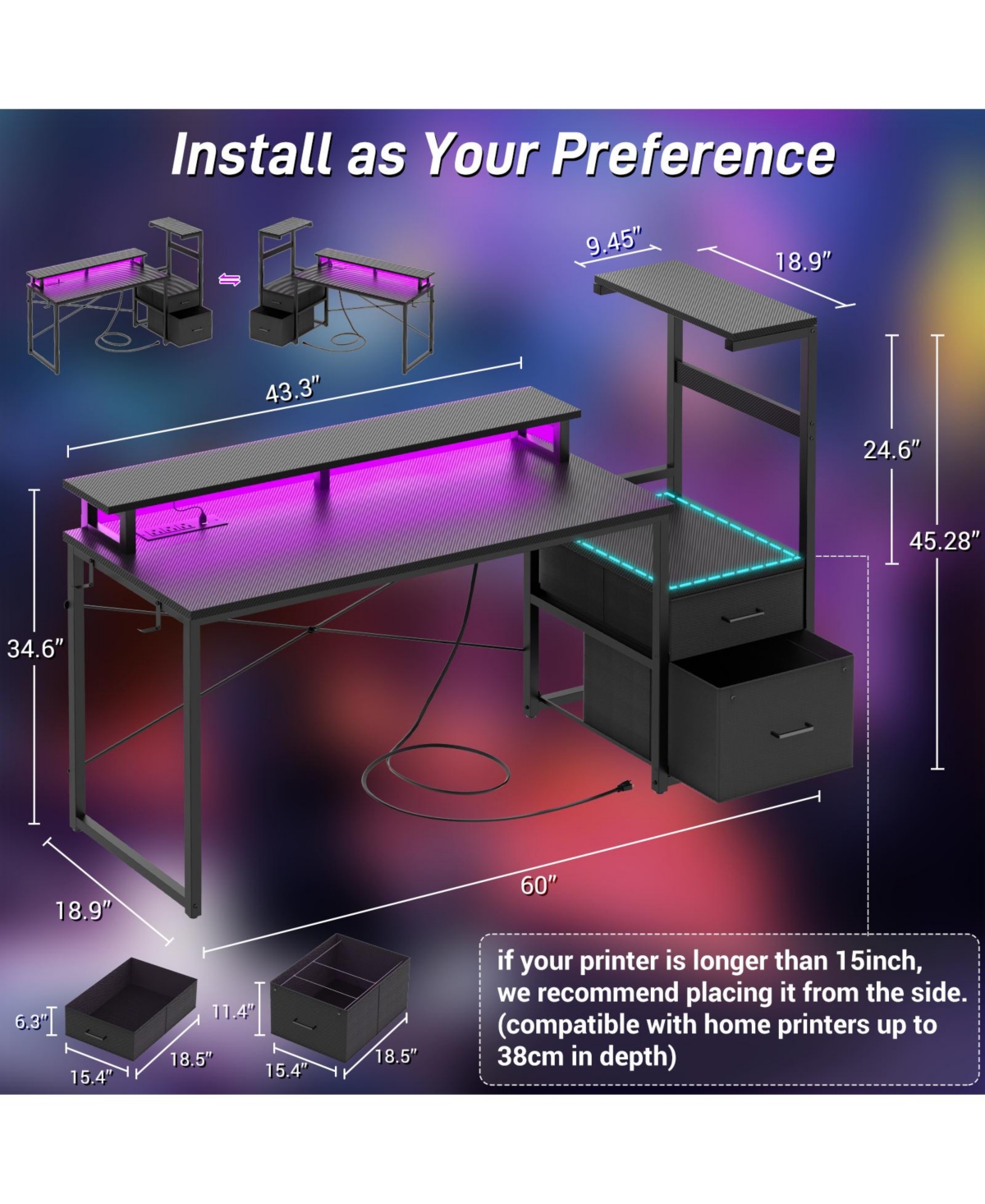 Aheaplus Gaming Desk with Outlets and Led Light, 59'' Reversible Computer File Drawers & Monitor Stand