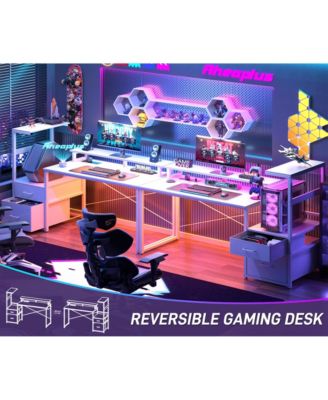 Gaming Desk with Outlets and LED Light, 59'' Reversible Computer Desk with File Drawers & Monitor Stand