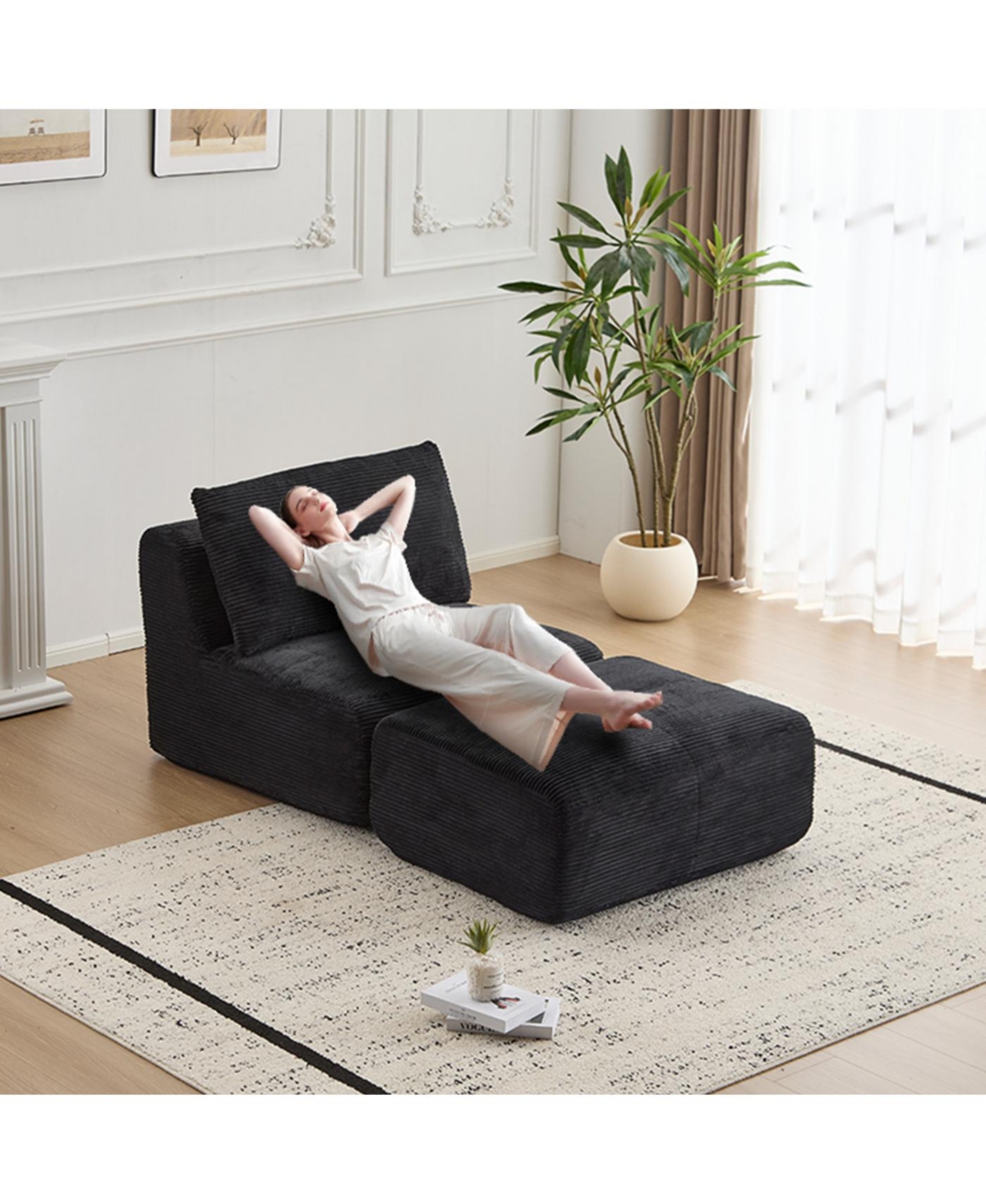 Streamdale Furniture Streamdale Modern Memory Foam Single Chaise Longue Sofa, Pet-Friendly Corduroy, Black