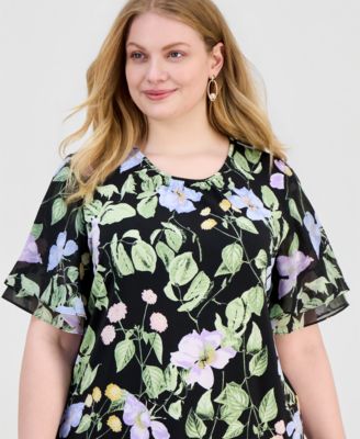Plus Size Floral-Print Flutter-Sleeve Top