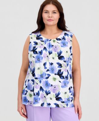 Plus Size Sleeveless Shirred Floral Shell