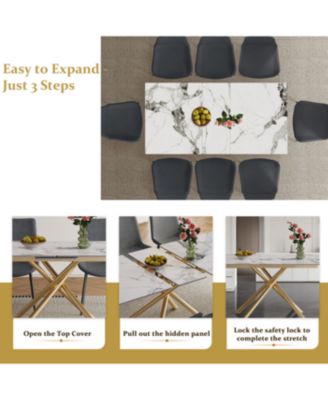 Modern Expandable Dining Table with Retractable Leaf, Stone Top & X-Base, 4 Chairs
