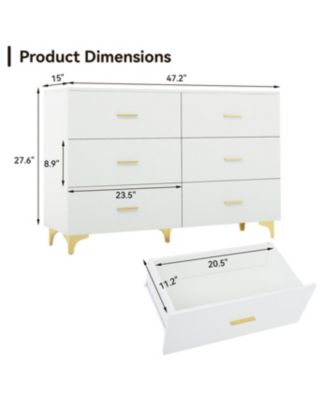 Six drawers, golden straight aluminum handle, golden triangle legs, white locker