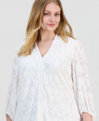 Plus Size Burnout Floral V-Neck Blouse