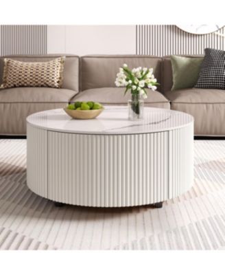 Streamdale Modern Round Coffee Table with Casters & 2 Drawers, White Marble Top