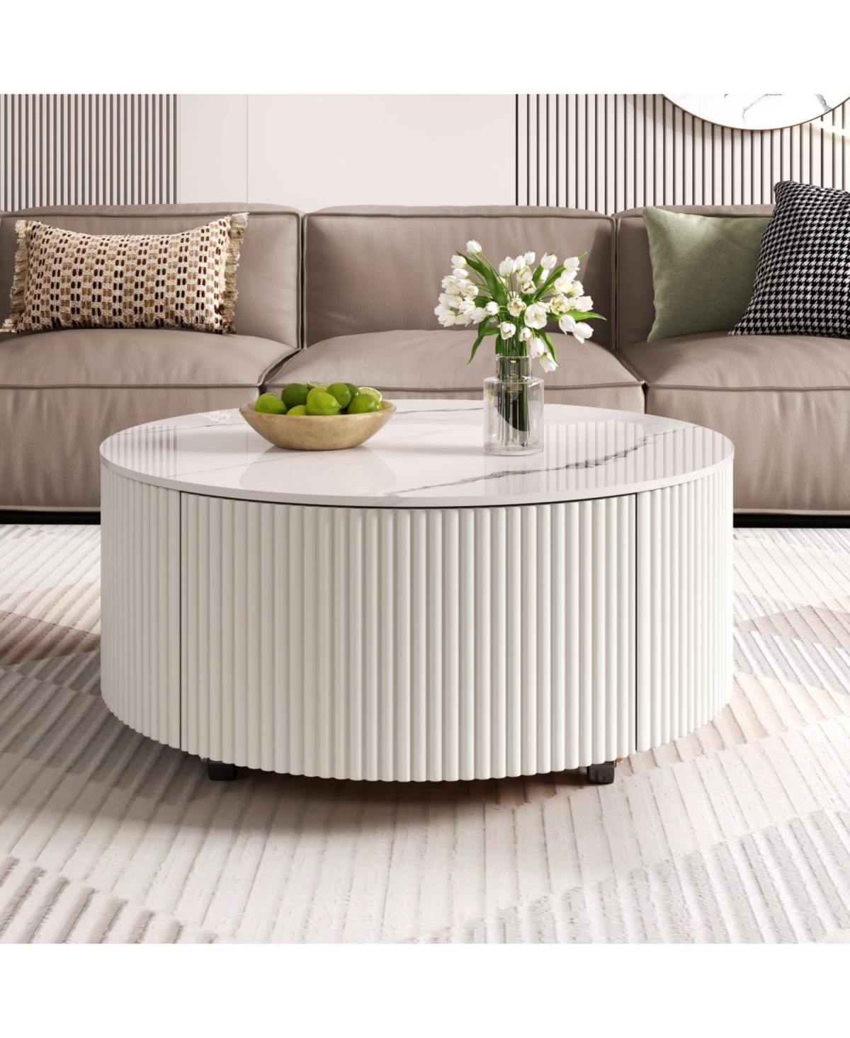 Streamdale Furniture Streamdale Modern Round Coffee Table with Casters & 2 Drawers, White Marble Top