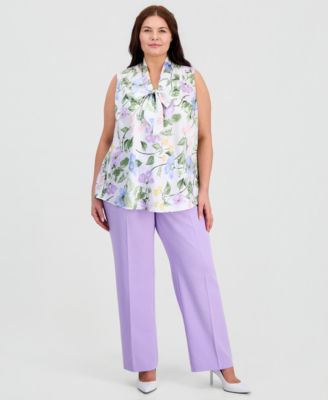 Plus Size Floral Sleeveless Bias Bow Blouse