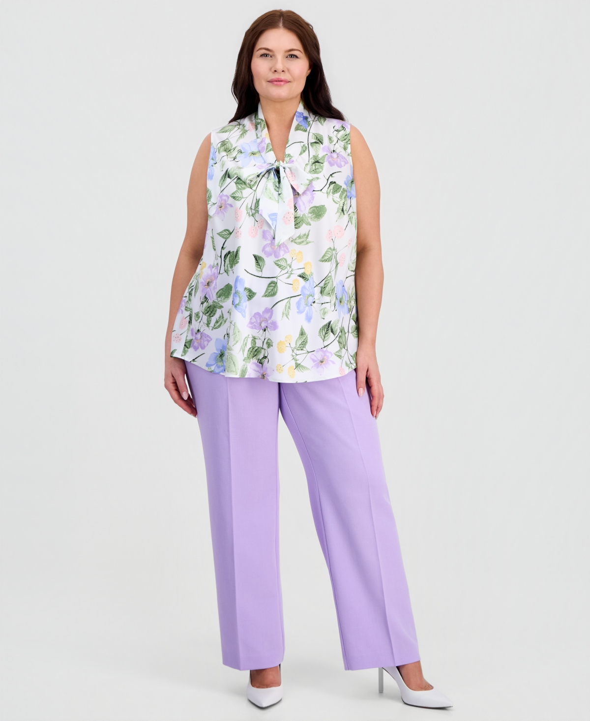 Kasper Plus Floral Sleeveless Bias Bow Blouse