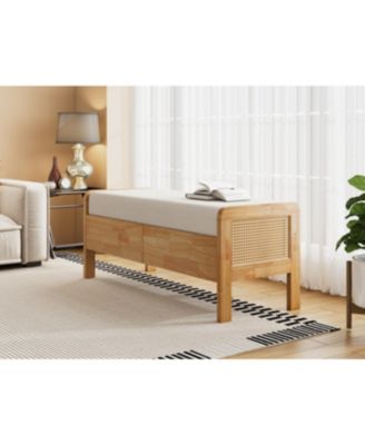 Upholstered Storage Ottoman Bench, Wooden Legs, Oak+Beige