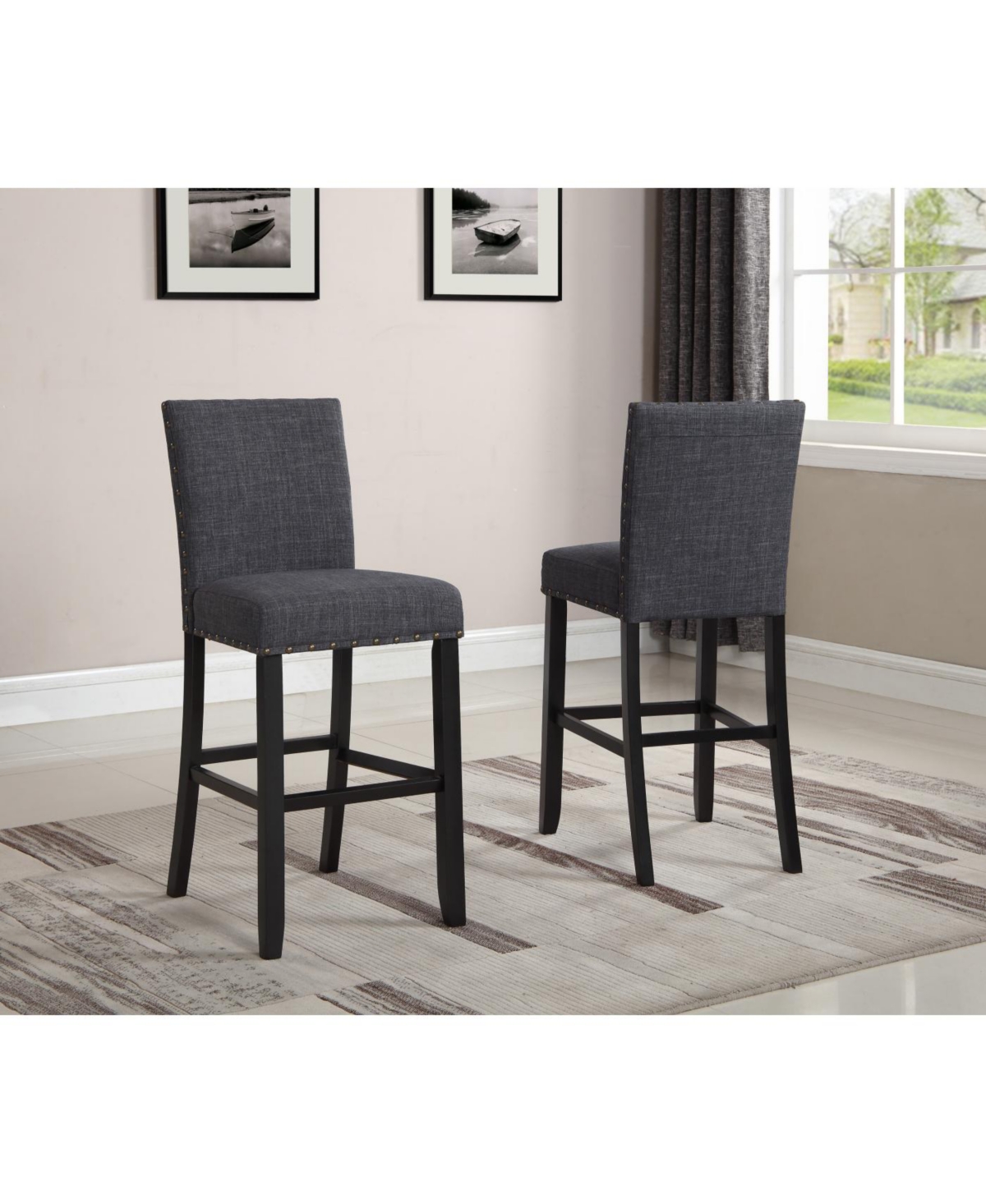 Streamdale Furniture 3-Piece 36" Round Espresso Bar Table w/ 2 Gray Nail Head Pub Chairs