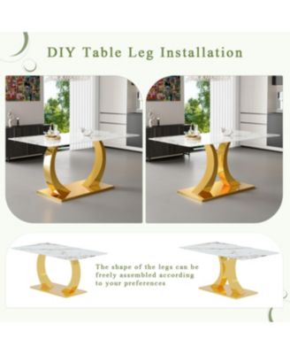 Marble-Veined Glass Dining Set w/ Gold Accents: 63" Table & 6 U-Shaped Armchairs