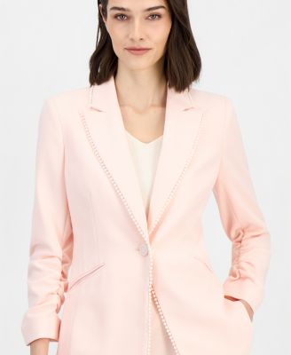 Women's Faux-Pearl-Trim Ruched-Sleeve Blazer