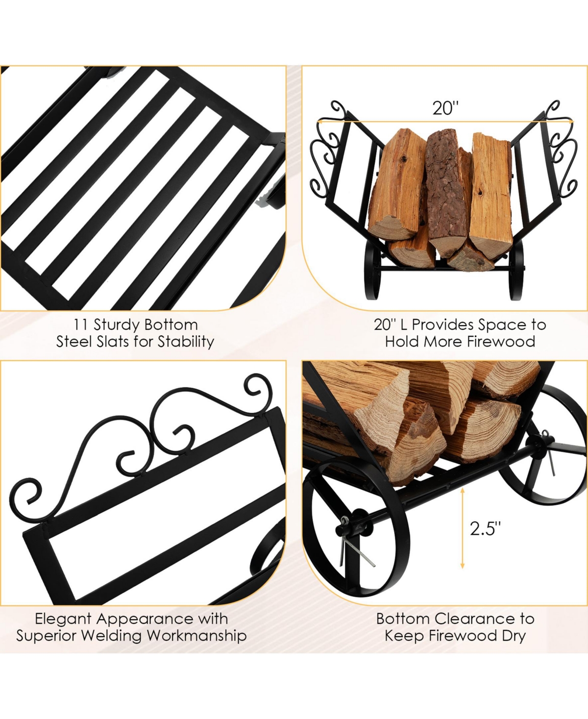 Sugift Firewood Rack Decorative Rustproof Steel Fireplace Log Holder with Wheels