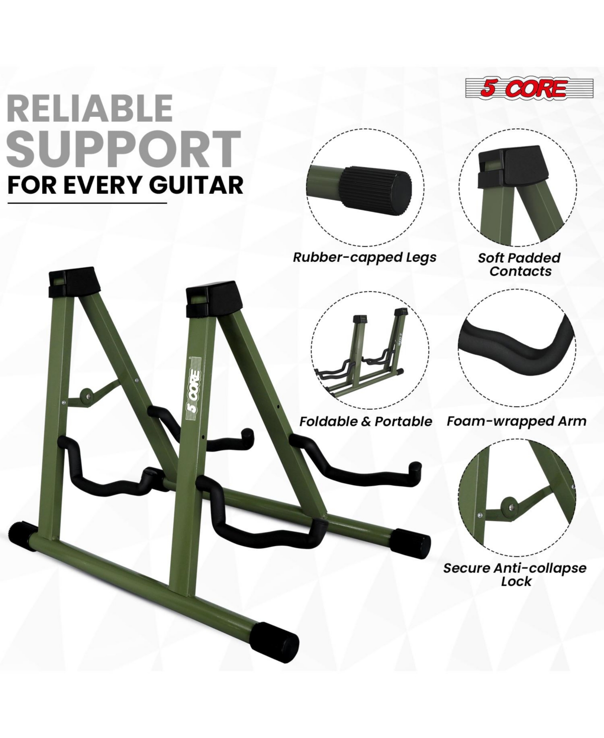 5 Core Double Guitar Stand Floor Adjustable A Frame Folding Acoustic Electric Guitars Holder Stands Gss 2N1 Pgr